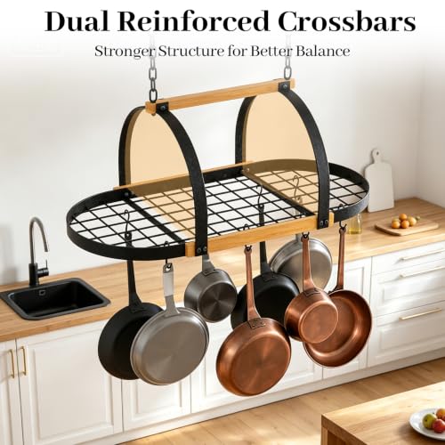 39-Inch Heavy Duty Ceiling Mount Pot Rack with 20 Hooks - Rustic Black & Wood