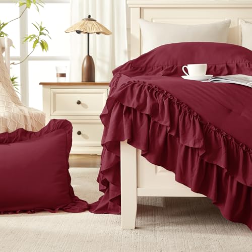 Burgundy Ruffle Comforter Set Queen Size - 3 Pieces