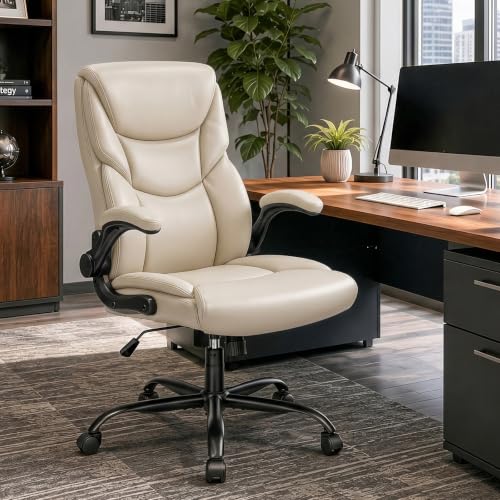 Beige Home Office Desk Chair High Back PU Leather Ergonomic Executive Chair with Flip-up Armrests