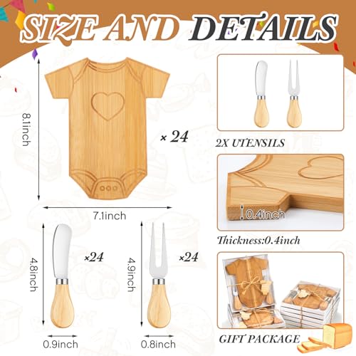 Ziliny 24-Piece Baby Shower Gift Set with Mini Bamboo Cheese Boards & Utensils - Baby Clothing Shape, Party Favors & Prizes