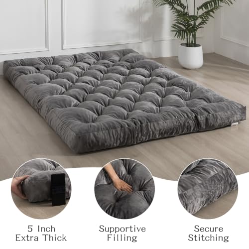 Japanese Floor Mattress Twin Size Foldable Futon Mattress Grey - Portable Tatami Pad for Camping & Guest Room