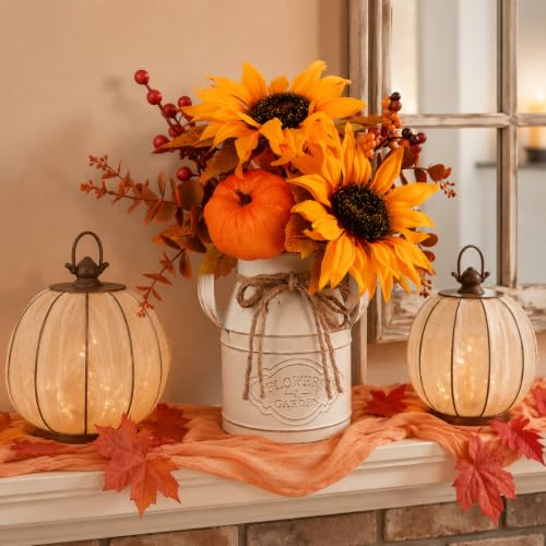 Brown Fall Thanksgiving Centerpiece with Faux Floral and Pumpkin - 13 Inch