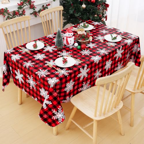 Smiry Black & Red 60" x 120" Wipeable Buffalo Check Vinyl Tablecloth with Flannel Backing