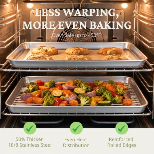 3-Piece Stainless Steel Baking Sheet Set with Racks & Mats - 16x12, 12x10, 9x7 Inches