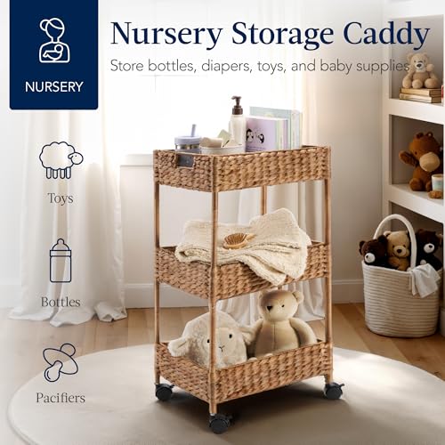 Chestnut Water Hyacinth 3-Tier Rolling Storage Cart with Wheels - Multipurpose Utility Caddy