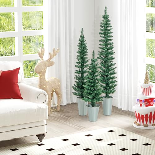 Set of 3 Slim Potted Artificial Christmas Trees with Iron Buckets, Outdoor Yard Decor