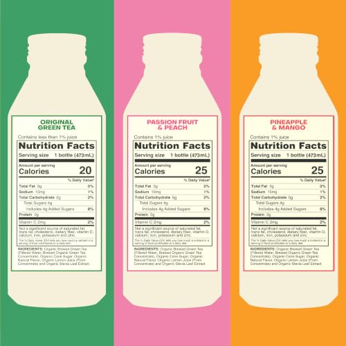 Organic Green Tea Variety Pack - Low Sugar, 16 Oz Bottles, 12 Pack - Includes Passionfruit, Peach & Pineapple Mango