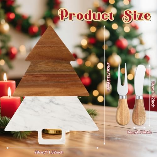 Acellegic Christmas Tree Marble & Acacia Cutting Board with Handles – Serving & Charcuterie Board (13.39 x 11.02 in)