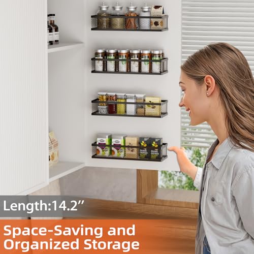 Black Wall Mount Spice Rack Set - 4 Pack Pantry & Kitchen Organizer