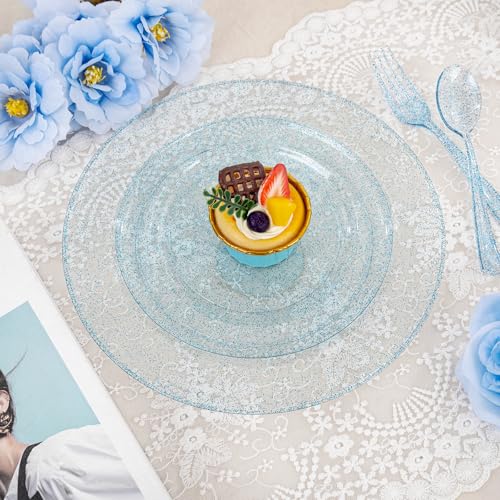 Rubtlamp 180Pcs Blue Glitter Disposable Dinnerware Set for 30 Guests — Plates, Cups & Silverware