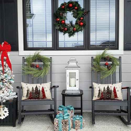 RABUSOFA Christmas Pillow Cover 12x20 Inch Indoor Outdoor Waterproof Merry Christmas Tree Stars Snowflake Decoration Holiday Winter Holiday Pillow Case for Couch Decor Gray and Red