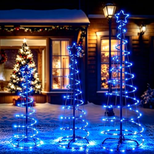 FLAGLY Blue 3-4-5FT Lighted Christmas Spiral Trees Set with Stakes – Indoor & Outdoor Holiday Decor
