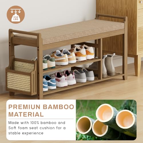 Homaxy 2-Tier Shoe Rack Bench 39.4 in Walnut & Light Brown Entryway Organizer