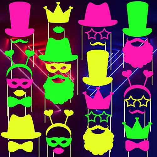 Skylety 24 Pcs Neon Photo Booth Props Glow Photo Booth Fully Assembled Neon Glow Party Colorful Black Light Fluorescent Paper Posing Props for Birthday Wedding Halloween Christmas Decorations