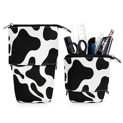 KPX Cow Print Cute Standing Pencil Case for Kids | Pop-Up Canvas Pencil Box & Makeup Pouch