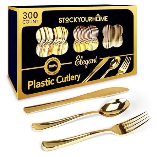Gold Disposable Cutlery Set - 300-Pack Heavy Duty Plastic Forks, Knives, Spoons for Parties & Events - Variation of THIS listing