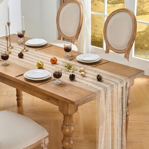 Fanami Beige Gold Glitter Tulle Table Runner 10ft x 28in (2pc) for Wedding & Party