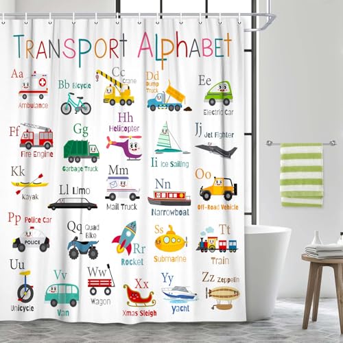 Vehicles Alphabet Shower Curtain for Kids, Kid Excavator Tractor Machinery Trucks Curtain, Construction Vehicle Boys, Bulldozer Crane Bath Equipment Truck