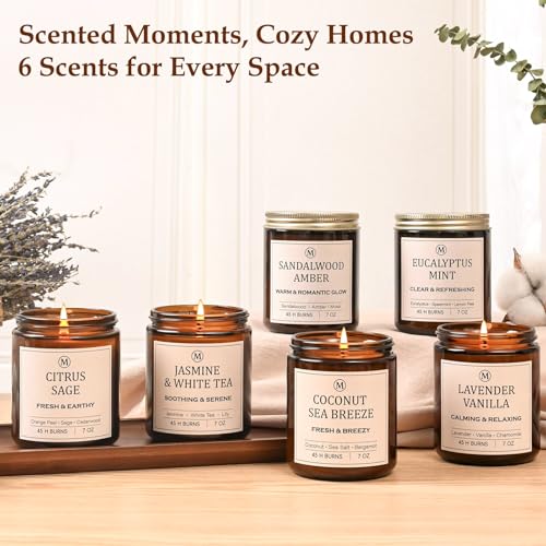 Scented Soy Candle Gift Set - 6 Fragrances, 42oz, Up to 300 Hours, Vanilla White Tea Sage Eucalyptus Sea Breeze Sandalwood