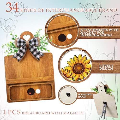 GlikCeil Seasonal Interchangeable Farmhouse Breadboard Set with Signs & Bows