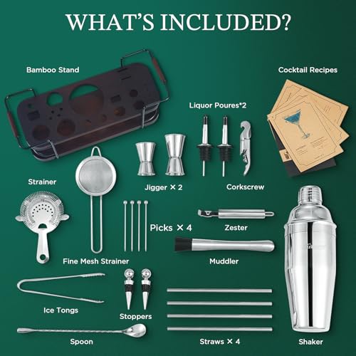 KITESSENSU Silver 24-Piece Cocktail Shaker Set with Stand - Complete Bartender Kit