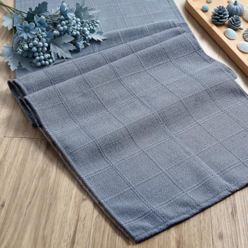 Yuboo Dusty Blue Checked Table Runner 13x72 Inch Fall Linen Blend Decor