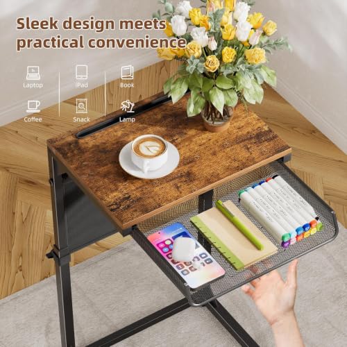Adjustable C-Shaped Side Table with Charging Station and Storage Bag