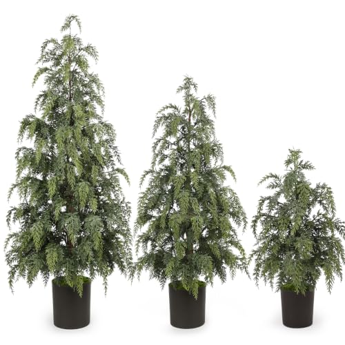 N&T NIETING 3-Pack Artificial Cedar Trees for Outdoors - 2FT, 3FT, 4FT, Realistic Faux Greenery Set, Stable Cement Base, Easy Assembly