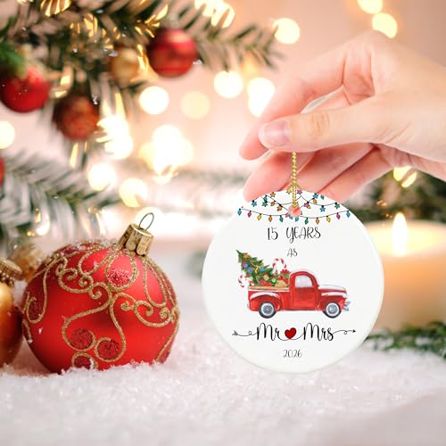 15 Year Anniversary Ornament 2026 – Mr & Mrs Gift, 2.9" Ceramic Keepsake (Double-Sided) – Chiranrise