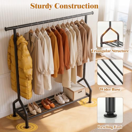 Black Clothing Rack with Shelf and Leveling Feet - Sturdy Metal Garment Organizer