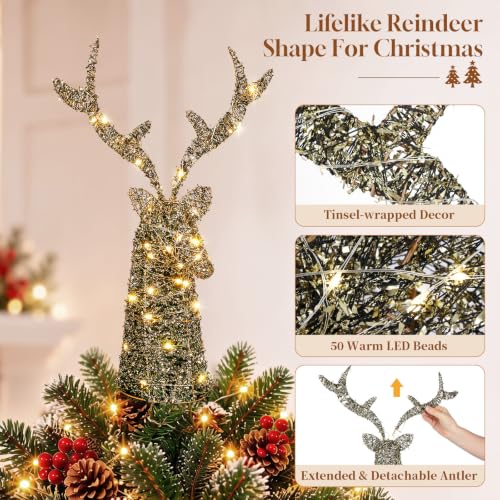 Lewondr C-Black Gold Rustic Lighted Deer Tree Topper - Christmas Reindeer Decor
