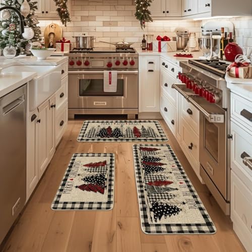 Buffalo Plaid Christmas Kitchen Mats Set of 3 Non-Slip Floor Rugs Winter Decor