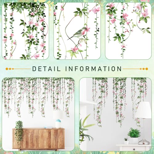 4 Sheets Hanging Vines with Flowers Wall Decals Green Plant Leaves Wall Stickers Pink Cherry Blossom Vine Wall Art Hanging Flower Tree Branches Bird Wall Murals for Kids Bedroom Nursery Decoration 20
