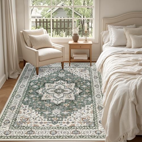 ExpediX Green Ivory 5' x 7' Washable Area Rug for Living Room & Bedroom