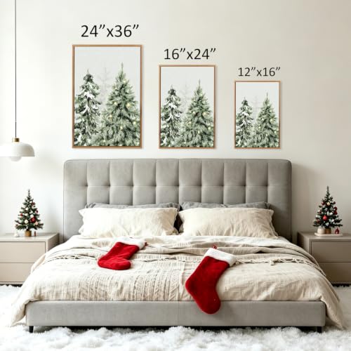 Large Framed Christmas Tree Wall Art - Winter Snowy Pine Scene, 24x36 Inches, Holiday Decor