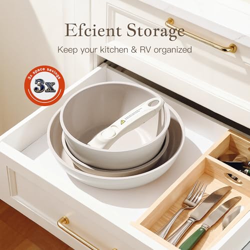Ceramic Cookware Set with Detachable Handles - Non-Stick, Induction Safe, Oven & Dishwasher Friendly, 5 Pieces for RV & Camping