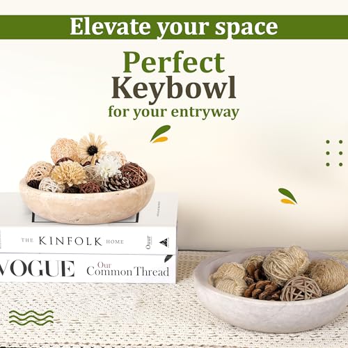 Travertine Decorative Bowl - 7.8 Inch Organic Modern Centerpiece - Beige/Natural