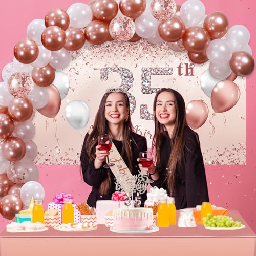 Trgowaul 21st Birthday Decorations for her, Rose Gold 21 Birthday Banner, Tablecloth, 21st Birthday Sash and Crown, 1PC 21st Cake Topper, Pink 21 Number Balloons Happy 21 Birthday Decorations Women