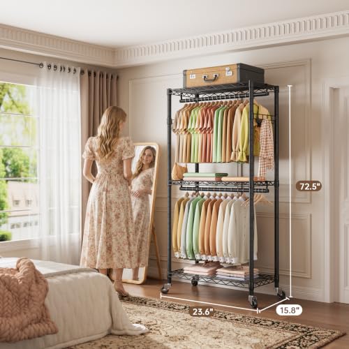 Golpart Black Heavy Duty Rolling Clothes Rack with Wheels, 15.75"D x 23.5"W x 72.45"H
