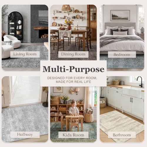 Grey 8x10 Washable Non-Slip Vintage Floral Area Rug for Living & Bedroom