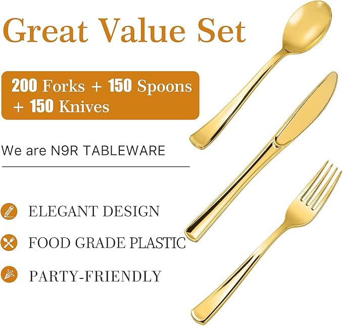 Gold Disposable Plastic Cutlery Set - 500 Pieces Forks Knives Spoons for Parties