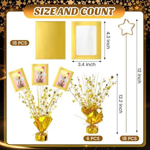 Amyhill 6 Set Metallic Foil Spray Table Centerpiece with 18 Pcs Picture Frames and Star Card Holder Star Burst Metallic Table Decoration for Birthday Party Wedding Holiday