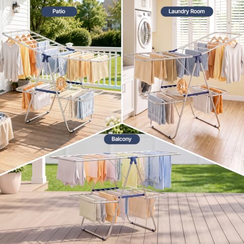 KINGBOARD Large Dark Blue Stainless Steel 2-Tier Foldable Clothes Drying Rack, 57" Max Height