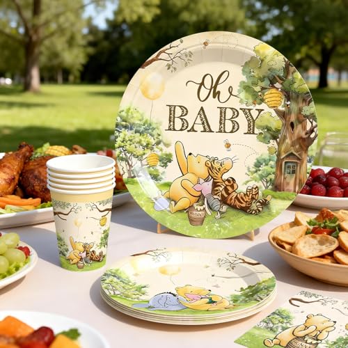 Bear Baby Shower Decorations Set for 25 Guests - Complete Party Kit with Balloons, Tableware & Backdrop