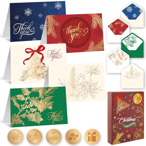 50 Pack Christmas Thank You Cards with Envelopes and Stickers, 5