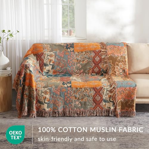 Boho Patchwork Throw Blanket - 100% Cotton Floral Woven Quilt Twin 60x80 - Bailix