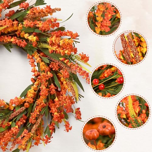 Orange Fall Wreath 24 Inch Front Door Decor - Handmade Autumn Wreath