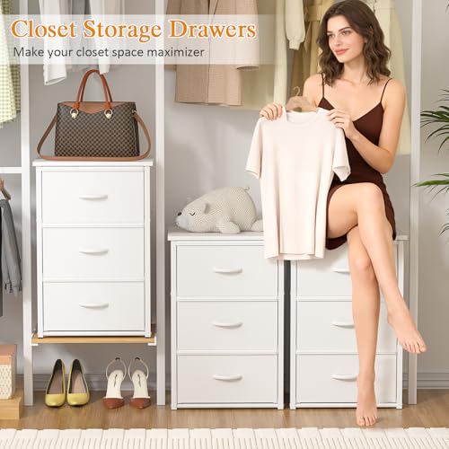 2-Pack Stackable Closet Drawer Organizers with Wooden Top - White Storage Drawers for Bedroom & Living Room