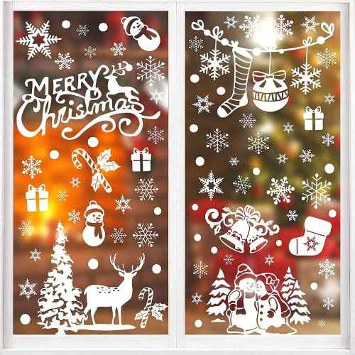 Xmas Window Clings Decoration, 141 Static Snow Flakes Stickers Merry Christmas Window Decals for Christmas Party Supplies (8 Sheets)