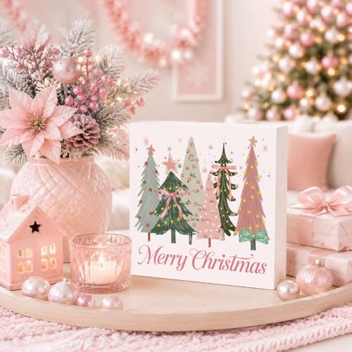 FXEFXE Merry Christmas 5x5 In Wooden Box Sign – Pink Coquette Bow Desk Decor